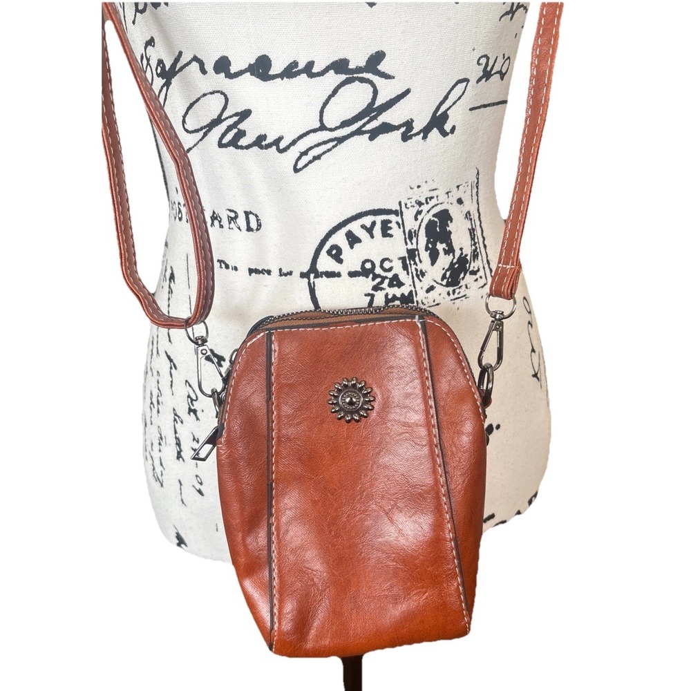 Womens Crossbody Leather Brown Bag 5" X 7" Double Zippers Cell Phone